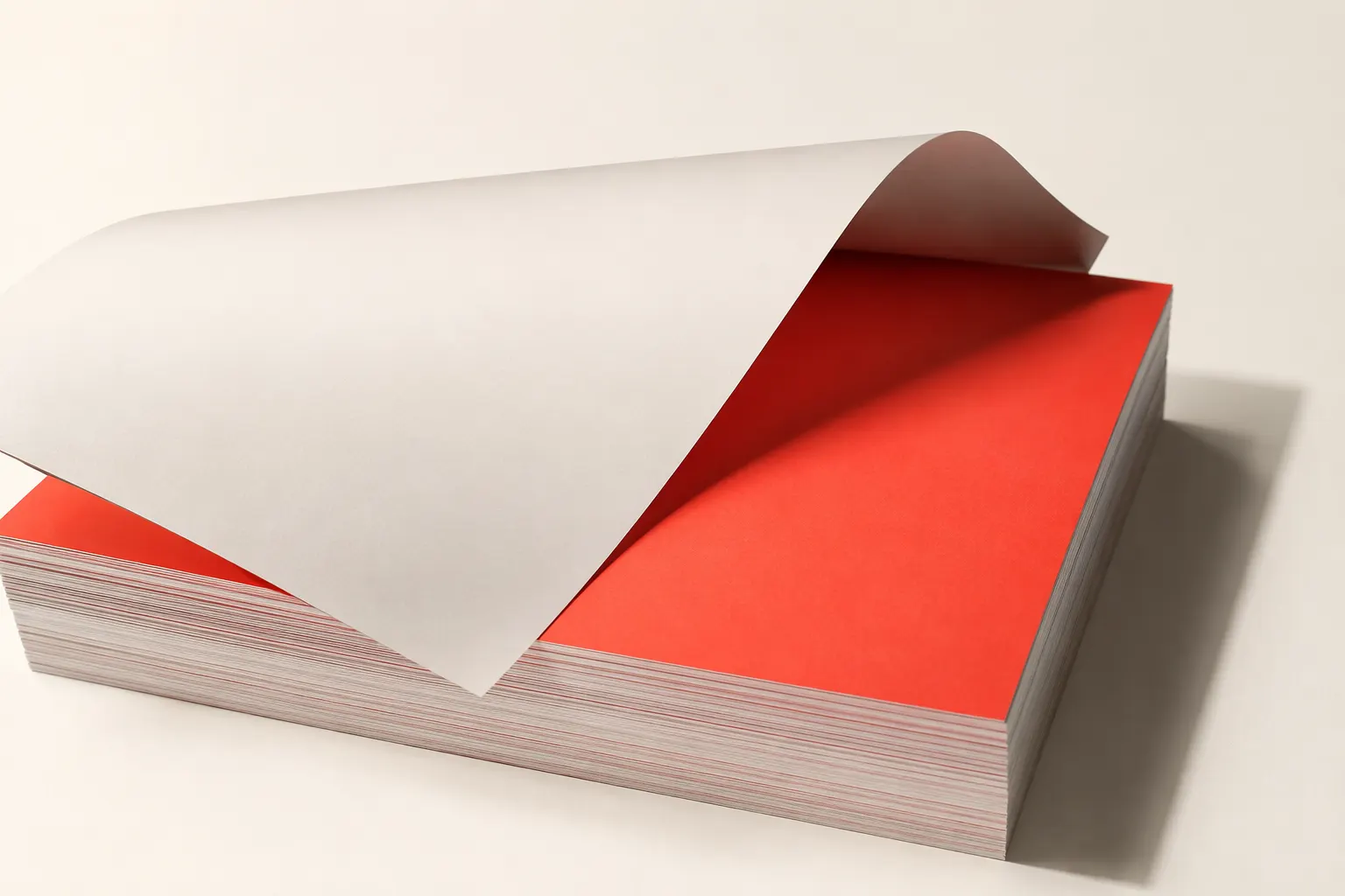 Stapel Druckbögen mit umgeschlagenem Deckblatt und Korallenrot darunter